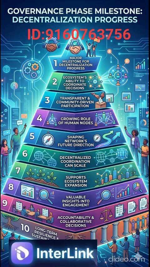 A colorful poster with illustrations of people, labeled "Governance Phase Milestone", showcases a step by step progression towards achieving decentralization progress. The poster emphasizes the role of transparency and community participation in making decisions and highlights key milestones as major achievements.