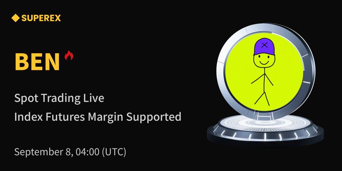 **Image caption:** A SuperEx promotional graphic featuring a neon green stick-figure character with a purple cap displayed inside a futuristic silver circular frame on a black background, with the text "SUPEREX," "BEN," "Spot Trading Live," "Index Futures Margin Supported," and "September 8, 04:00 (UTC)" — announcing the upcoming listing of the $BEN token for spot trading and index futures margin support as referenced in the accompanying post.