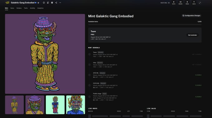The image shows a webpage for the "Galaktic Gang Embodied" NFT mint, featuring psychedelic alien artwork by Chris Dyer, including a green alien figure in yellow patterned clothing, with details showing a team allocation of 1200 tokens and a total supply of 5,555 pieces. The site displays mint schedules for Team, RBN, BTC, ETH, and SOL wallets at $2,999 each, supporting the post's announcement of the project's new version launch.