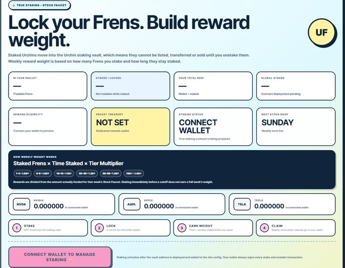 A 'TRUE STAKING - STACK FAUCET' web dashboard for 'Urchin staking' with the headline 'Lock your Frens. Build reward weight,' showing various wallet connection options including NYM, AAPL, and TSLA.