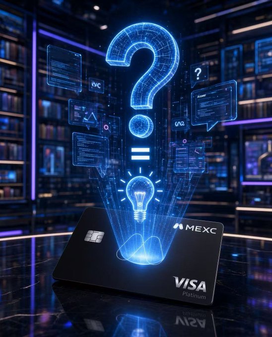 A promotional graphic featuring a MEXC Visa Platinum card with a glowing blue question mark and lightbulb hologram projecting from it, set against a futuristic digital background.