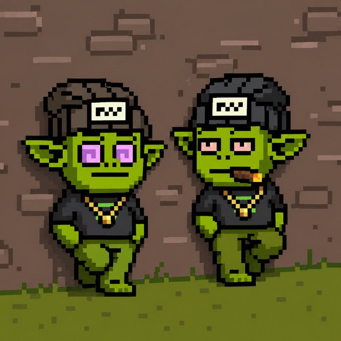 Two pixel-art goblins wearing black beanies with "RW" labels, black shirts, and gold chains stand against a brick wall, with the right goblin smoking a cigar—the green skin matching the Robinhood aesthetic and goblin theme of the official mascot collaboration with @GremilinCartel.
