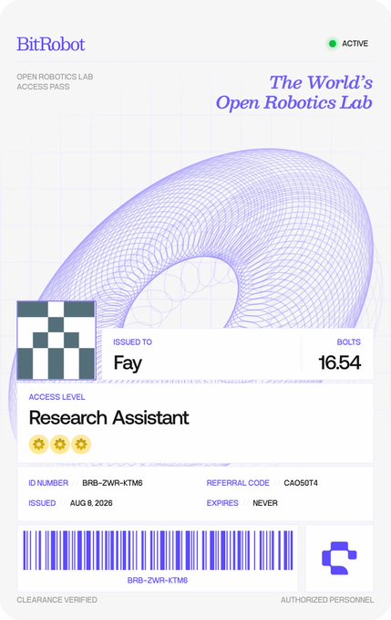 A digital access pass titled 'BitRobot - The World's Open Robotics Lab' issued to Fay as a 'Research Assistant' with 16.54 bolts, ID BRB-ZWR-KTM6, dated Aug 8, 2026.
