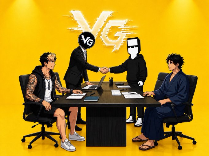 An anime-style illustration shows two characters—one in a black hoodie with tattoos and one in a kimono—seated across a table in a tense meeting, while suited figures with a "VG" logo (Valiant Hist Game) head shake hands above a bold yellow "VG" backdrop, visually symbolizing the announced partnership between @valhistgame and CypherSquad for the CypherSquad NFT collaboration.