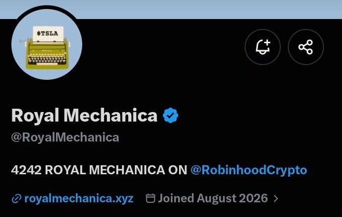 A Twitter/X profile page for 'Royal Mechanica' (@RoyalMechanica) featuring a $TSLA typewriter avatar and a link to royalmechanica.xyz.