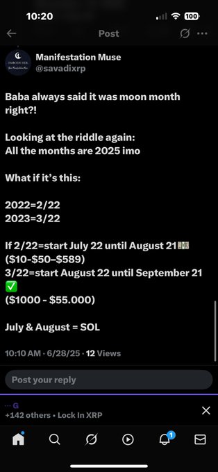 A X post from 'Manifestation Muse' (@savadixrp) referencing Baba's 'moon month right' riddle, breaking down date ranges like 2/22=July 22 to August 21 and noting July & August = SOL.