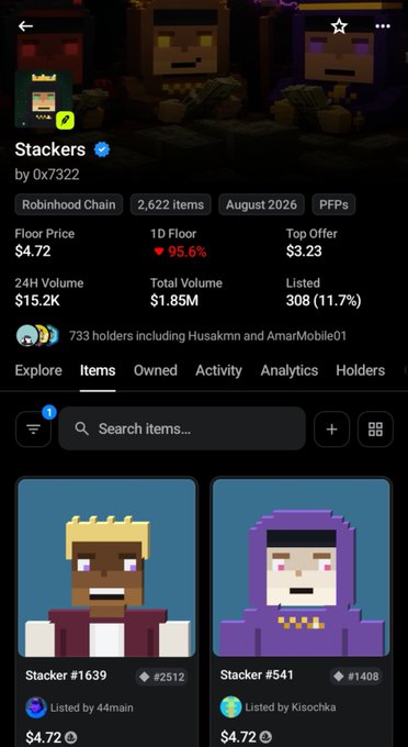 An NFT marketplace listing for the 'Stackers' collection by 0x7322 on the Robinhood Chain shows a floor price of $4.72, $15.2K 24H volume, and features pixel art character NFTs including Stacker #1639 and Stacker #541.