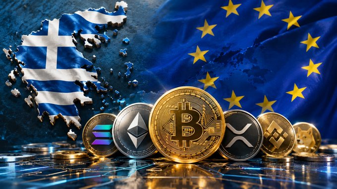 A conceptual image featuring a Greek flag map and EU flag behind a display of cryptocurrency coins including Bitcoin, Ethereum, XRP, Binance Coin, and Solana.