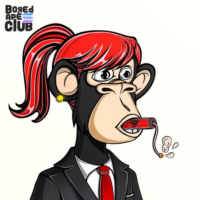 A Bored Ape Club NFT featuring a cartoon monkey character with red hair in a ponytail, wearing a black suit with a red tie, smoking a cigar, and a gold earring.