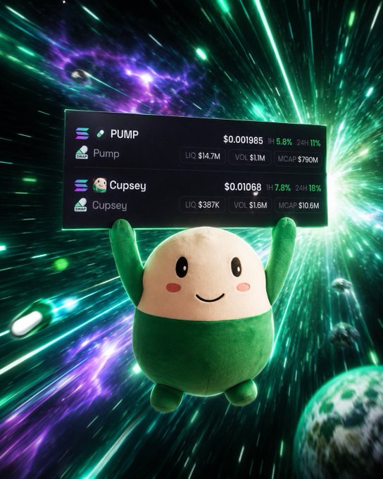 A cute green and white Cupsey plush mascot floats in front of a cosmic green starfield, positioned beneath a trading screen displaying PUMP at $0.001985 (+5.8%, 24H +11%) and Cupsey at $0.01068 (+7.8%, 24H +18%), with market caps of $790M and $10.6M respectively—visually reinforcing the post's theme of a natural mascot-token synergy between the two assets.