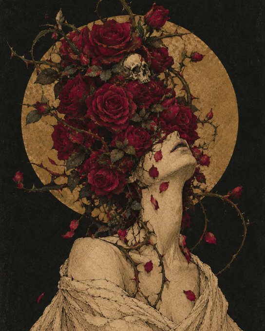 A gothic illustration of a woman with her head tilted back, where her hair/head is replaced by dark red roses, thorny vines, and a small skull against a circular moon-like background.