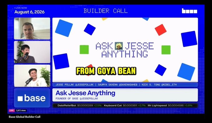 The image shows a "Base Global Builder Call" livestream from August 6, 2026, featuring an "Ask Jesse Anything" segment hosted by Jesse Pollak (@jessepollak) of Base, with Saurnya Saxena (@saxenasahil) and Nick S. Tong (@Nibel_eth) on camera, alongside a ticker showing crypto prices for Debit/Bot, Keyboard Cat, and Mr Lightspeed. The post requesting "Stonks" aligns with the visible crypto ticker display and Base platform branding shown in the livestream.