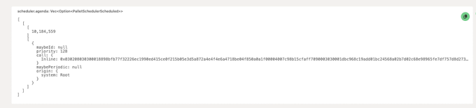The image displays a JSON response confirming the scheduling of a Heima Network burn at block #10,184,559 with the scheduling type "MultiPeriodsSchedule," correlating with the post's announcement of the 16.5M HEI burn proposal execution timeline.