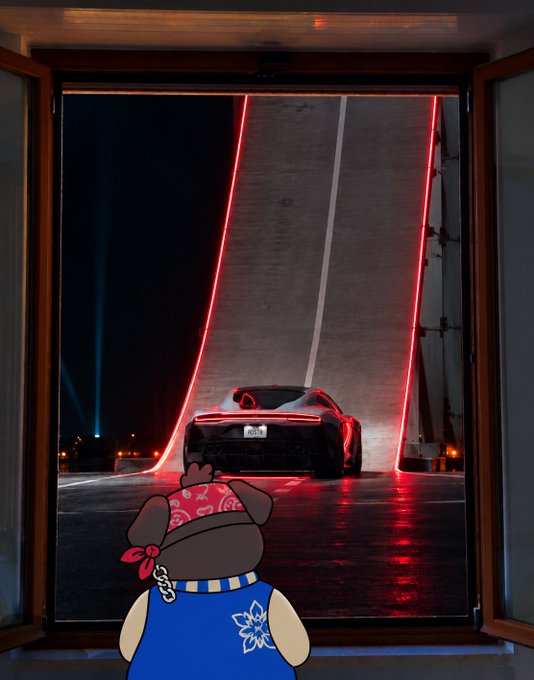 A creative composition showing an animated cartoon dog with a red bandana and blue vest looking out a window at a luxury sports car positioned at the base of an illuminated ramp at night.