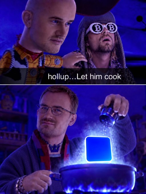 A meme featuring "Matt's Friend" (with Bitcoin sunglasses) and "Matt" from the Wii game *Cooking Mama*, captioned "hollup...Let him cook," while Matt sprinkles seasoning onto a glowing blue cube—symbolizing a builder "cooking up" something on the Base network.