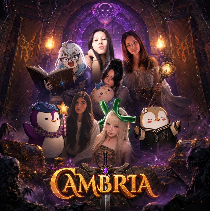 A fantasy-themed promotional poster titled 'CAMBRIA' featuring five young women posing with magical elements, spellbooks, and cute penguin-like creatures in a dark dungeon setting.