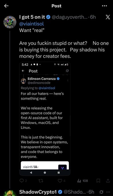 A Twitter/X screenshot showing a reply to viaintisol saying 'Are you fuckin stupid or what? No one is buying this project. Pay shadow his money for creator fees.'