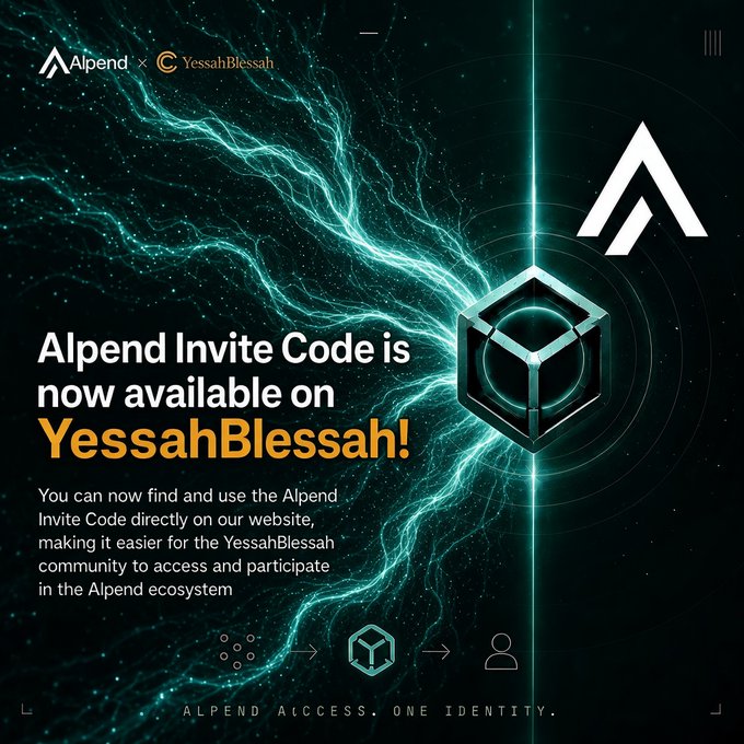 A promotional graphic announcing 'Alpend Invite Code is now available on YessahBlessah!' featuring a glowing green hexagonal logo and energy effects, with the tagline 'ALPEND ACCESS. ONE IDENTITY.'