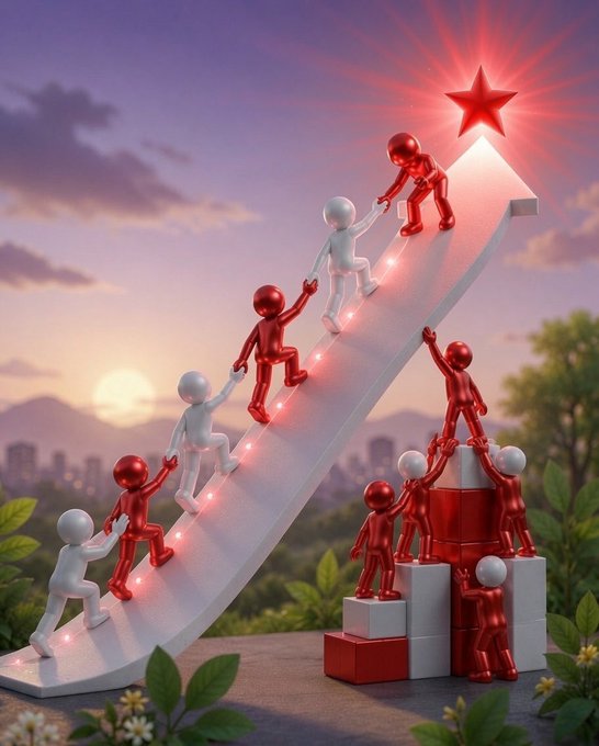 The image shows small red and white figurines climbing an upward arrow toward a glowing red star, symbolizing growth and aspiration. The figures at the base are forming a tower to lift a teammate higher, reinforcing the post's message of becoming a "mega star" through teamwork and elevation.