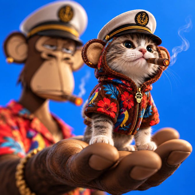 A digital illustration of a kitten wearing a captain's hat, a floral hoodie, and smoking a cigar, sitting on the hand of a monkey also dressed in similar attire.