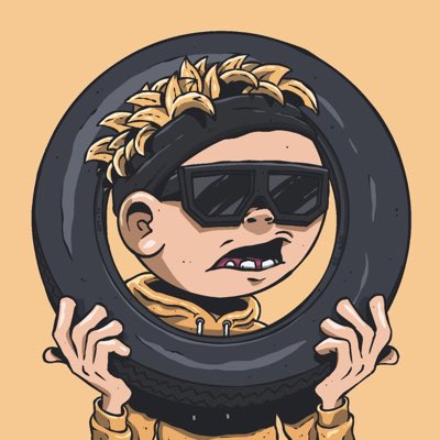 A cartoon illustration of a child wearing sunglasses and a hoodie, holding a black tire like a halo around their head.