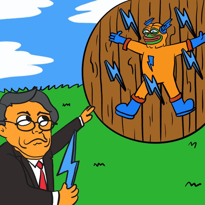 A cartoon illustration depicting a business-suited figure (resembling a Warren Buffett caricature) holding a lightning bolt while pointing at an orange superhero-like character being electrocuted against a wooden background.