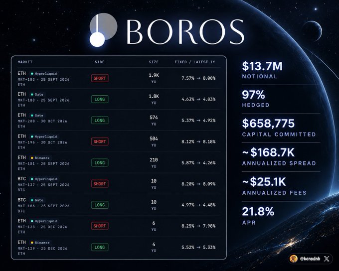 A dashboard screenshot titled 'BOROS' showing a trading portfolio with crypto pairs (ETH, BTC) on platforms like Hyperliquid, Gate, and Binance, displaying stats including '$13.7M NOTIONAL', '97% HEDGED', and '21.8% APR'.