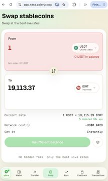 A crypto swap interface on app.sea.excx showing exchanging 1 USDT (USDT balance 0) for approximately 19,113.37 IDRT at a rate of 1 USDT = 19,115.29 IDRT, with an 'Insufficient balance' warning.
