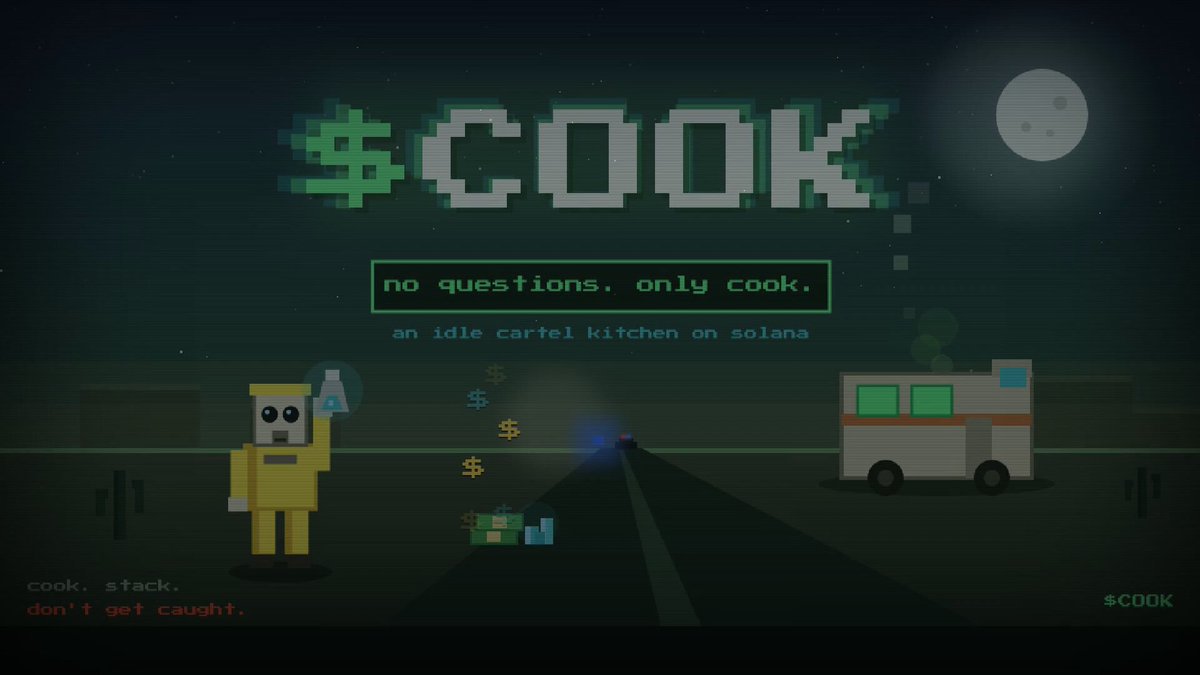 The image features a cartoon character dressed as a chef with a yellow jumpsuit holding a bottle of chemicals. The character is standing next to an ambulance, which has a "COOK" sign on its side. In front of them, there are two cars - one white and one green. A truck can also be seen in the background. The image includes text that reads "no questions, only cook."