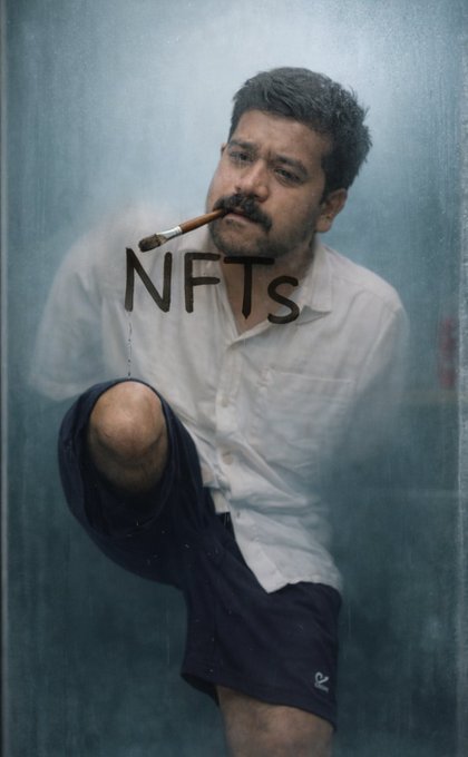 urn of water with a man holding a cigarette and mustache, wearing white shirt and black shorts against a gray background.