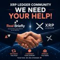 The image is a promotional graphic for the XRP Ledger Community featuring the text "WE NEED YOUR HELP!" and "Real Bridfly" with an XRP logo, alongside a handshake image, symbolizing partnership. It ties to the post by promoting "Real Bridfly" (REAL TOKEN), a project scheduled for listing on a global centralized exchange on August 1st, with claims about its "multi-trillion-dollar payment & media ecosystem."