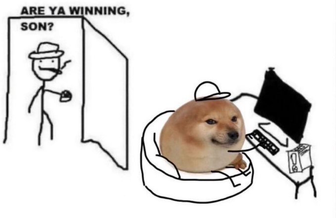 A meme featuring the "Are ya winning, son?" stick figure asking a Shiba Inu dog sitting at a gaming setup with a monitor, keyboard, and energy drink.