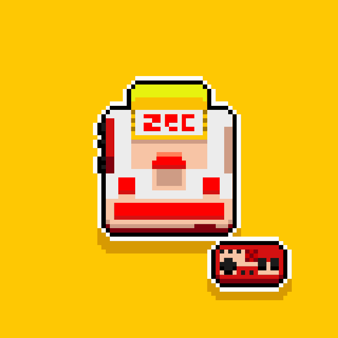 A pixel art image shows a white and red handheld device displaying "ZEC" on its screen next to a red Nintendo-style controller, set against a yellow background. The retro gaming aesthetic reinforces the "Marketplace v2" update announcement from ZecBit, with the device resembling a Game Boy to evoke nostalgia while promoting the redesigned UI.