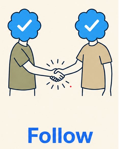 Illustration of two figures with blue cloud-shaped heads containing checkmarks shaking hands, with 'Follow' text below.
