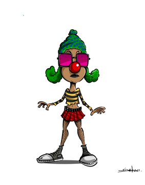 A cartoon character with green hair, pink sunglasses, a red clown nose, and a red skirt, drawn in a stylized artistic style.