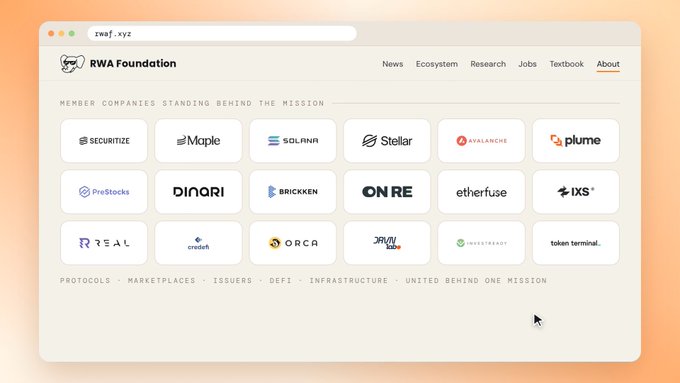 A screenshot of the RWA Foundation website (zwf.xyz) shows a grid of member companies including Securitize, Maple, Solana, Stellar, Avalanche, Plume, PreStocks, Dinari, Brickken, and others, categorized as protocols, marketplaces, issuers, DeFi, and infrastructure.