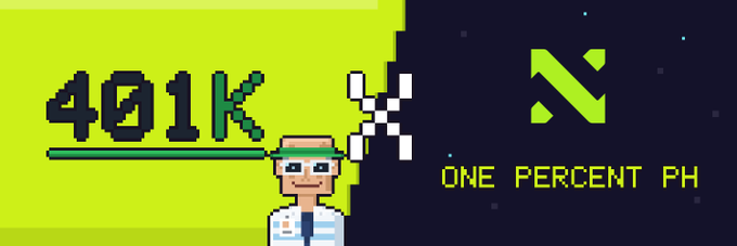 A pixel art graphic showing '401K' above a progress bar, alongside a character wearing a green visor, with a logo and 'ONE PERCENT PH' text on the right.
