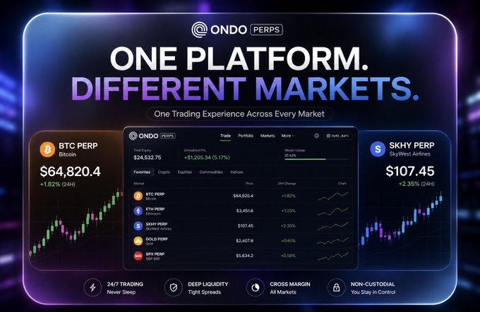 The image is a promotional graphic for Ondo Perps showcasing its unified trading platform with the tagline "ONE PLATFORM. DIFFERENT MARKETS." featuring BTC PERP at $64,820.40 (+1.82%) and SKHY PERP (SkyWest Airlines) at $107.45 (+2.35%), alongside a central dashboard listing multiple perpetual contracts including ETH, SKHY, GOLD, and SPY.

This visual reinforces the post's message by illustrating exactly what the author describes—traders can seamlessly access both crypto assets (BTC, ETH) and tokenized equities (SkyWest Airlines) through a single interface, making the distinction between asset classes irrelevant when opening positions.