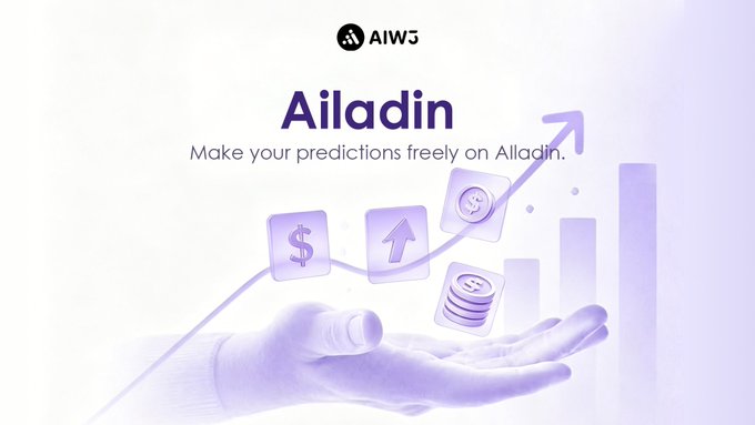 A promotional graphic for "Ailadin" featuring a hand holding floating icons of dollar signs, upward arrows, and coin stacks against a purple gradient background with a rising bar chart. The tagline reads "Make your predictions freely on Ailadin," visually reinforcing the post's message about earning rewards through AI-powered prediction markets.