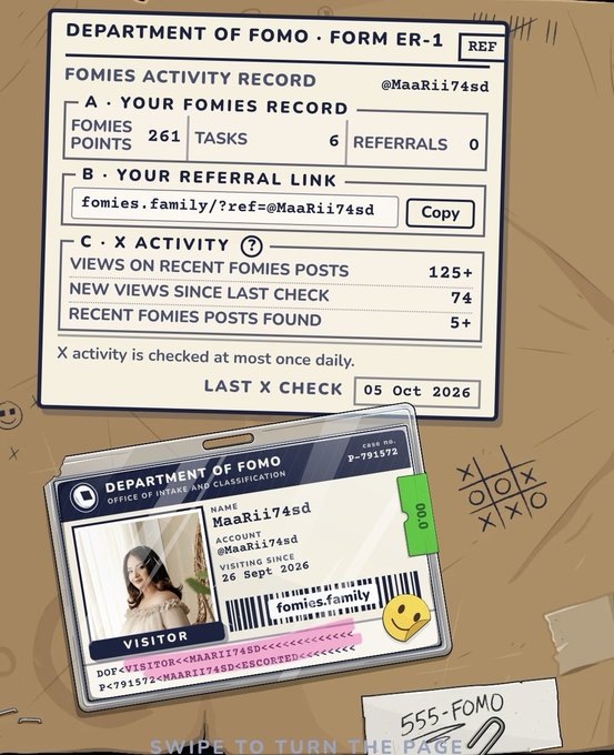 A screenshot from the 'Department of Fomo' showing a Fomies activity record for user @MaaRii74sd with 261 points and 6 tasks, along with a visitor ID card bearing the name 'MaaRii74sd' and a smiley face.