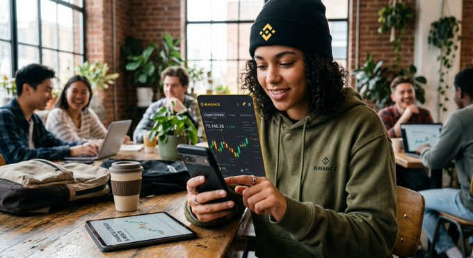 A smiling Gen Z investor wearing a Binance-branded hoodie and beanie checks crypto charts on their smartphone, while peers work on laptops in the background of a modern co-working space. A tablet on the table displays Binance trading data, illustrating how the new generation accesses crypto, ETFs, and global markets through digital platforms rather than traditional brokers.