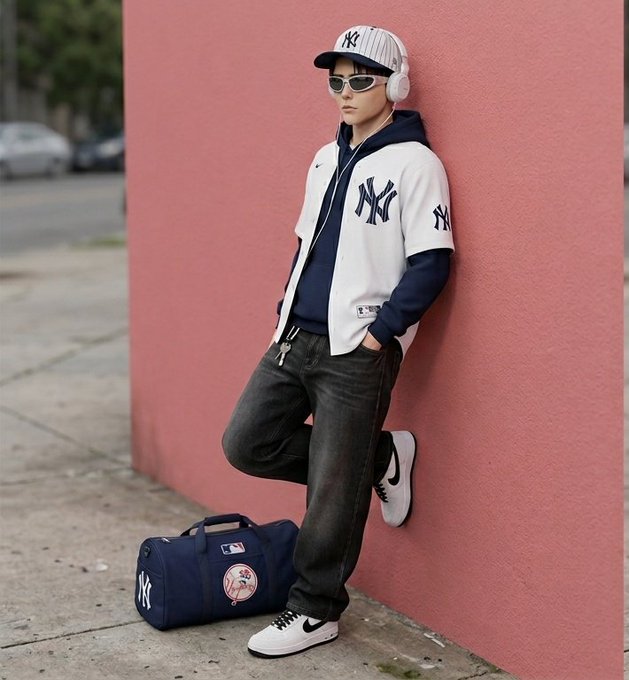 The image features a young man wearing a Yankees baseball jersey and hat leaning against a pink wall while holding a blue duffel bag. The background includes cars parked nearby, suggesting that he might be at an event or gathering related to the sport of baseball.