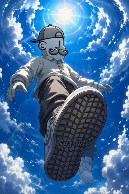 An anime-style illustration of a character with a mustache and backwards cap stepping forward, shown from a low angle with the sole of their shoe prominent and 'Season 2' written on it, set against a bright blue cloudy sky.