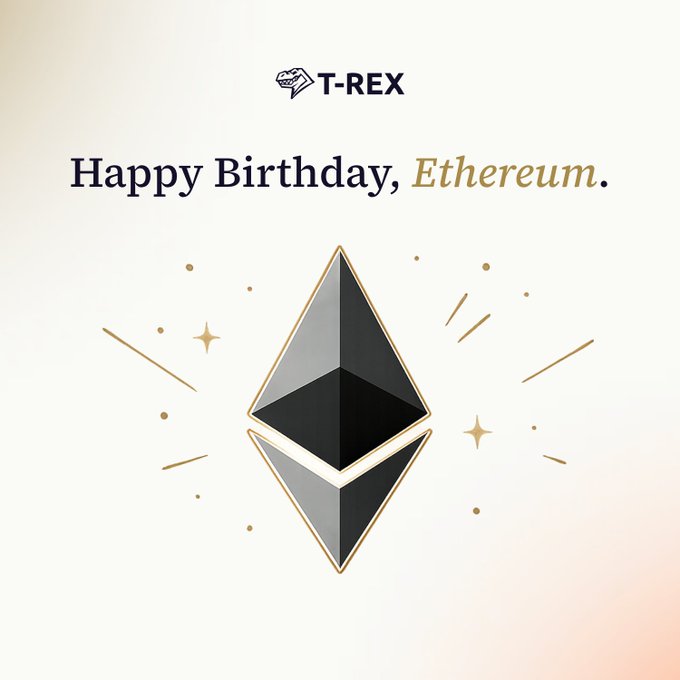 T-REX branded graphic with a celebratory design featuring the Ethereum logo and text reading 'Happy Birthday, Ethereum.'