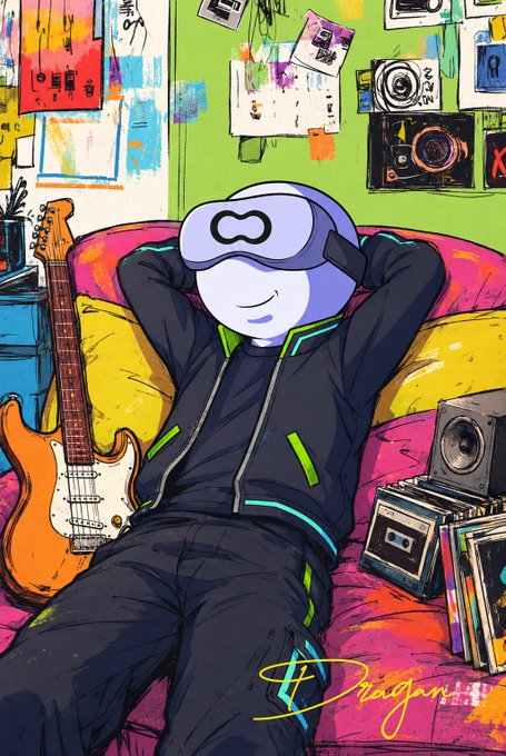 A colorful digital illustration of a smiling character wearing a VR headset, lounging on a couch surrounded by a guitar, speakers, and records.