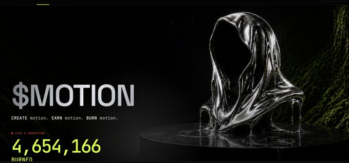 The image displays the "$MOTION" project website with the tagline "CREATE motion. EARN motion. BURN motion." and shows 4,654,166 tokens burned, with a striking silver hooded figure as the central artwork—visually reinforcing the TipFi protocol concept where social engagement on X earns points that burn $MOTION tokens from the treasury.