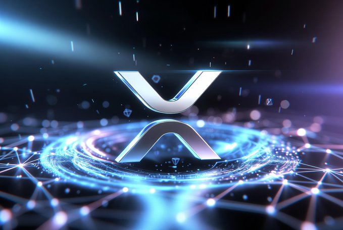 A futuristic digital graphic featuring a metallic 'X' logo floating above a glowing blue network of interconnected nodes and rings on a dark background.