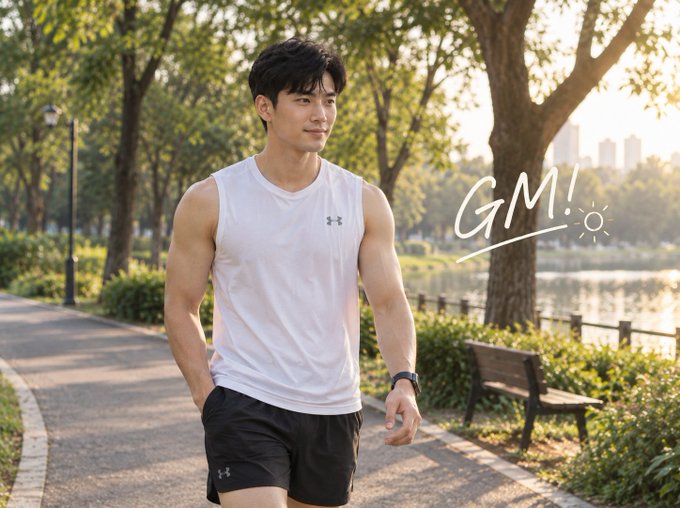 A muscular young man in an Under Armour sleeveless shirt and shorts posing in a park with a lake, accompanied by the handwritten text 'GM!' with a sun icon.