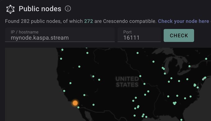 The image shows a map of the United States with dots representing cities, and an overlay that says "Public nodes" above them. The text below the map indicates that there are public nodes for Kaspa stream, which can be used to locate and confirm your node is public.