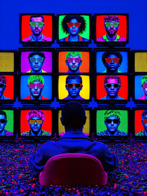 A person sits in a red chair watching a wall of TV monitors displaying the same colorful, neon-lit portrait of a man wearing shutter shades sunglasses.